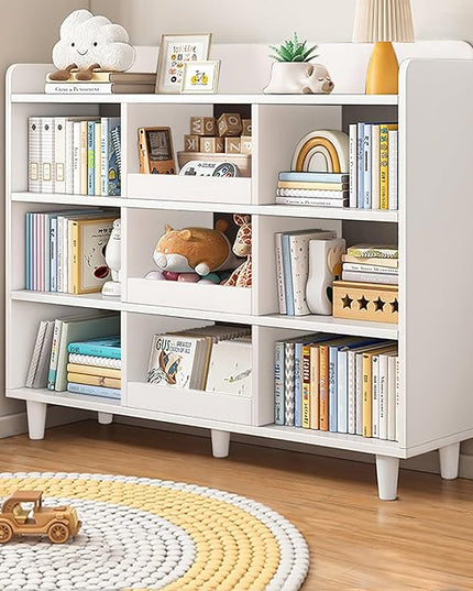 Wooden Cube Bookcase with Legs - 3-Tier Open Shelf Kidsroom Sorted Storage Cabinet Organizer for Books and Toys, 9-Cube Lattice Cute Cubby Bookshelf in Pearl White, 39" W - LeafyLoom