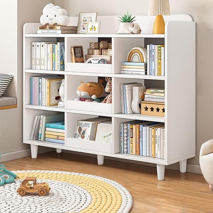 Wooden Cube Bookcase with Legs - 3-Tier Open Shelf Kidsroom Sorted Storage Cabinet Organizer for Books and Toys, 9-Cube Lattice Cute Cubby Bookshelf in Pearl White, 39" W - LeafyLoom