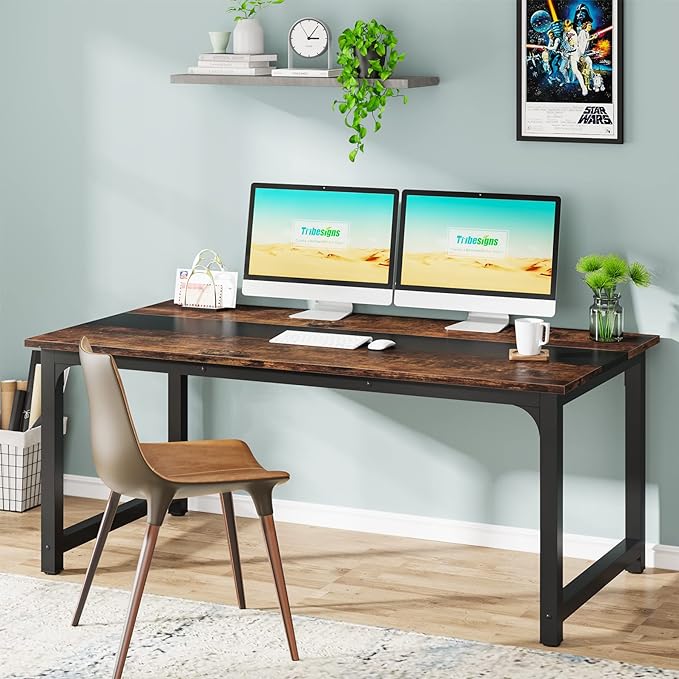 Tribesigns Modern Computer Desk, 63 x 31.5 inch Large Office Desk Computer Table Study Writing Desk Workstation for Home Office, Rustic/Black - LeafyLoom