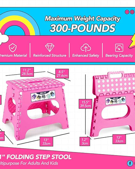 Delxo Folding Step Stool,11 Inch Non-Slip Foldable Step Stools for Kids and Adults,Portable Foldable Step Stool Lightweight Small Folding Stool with Handle for Kitchen Bathroom in Pink,1 Pack - LeafyLoom