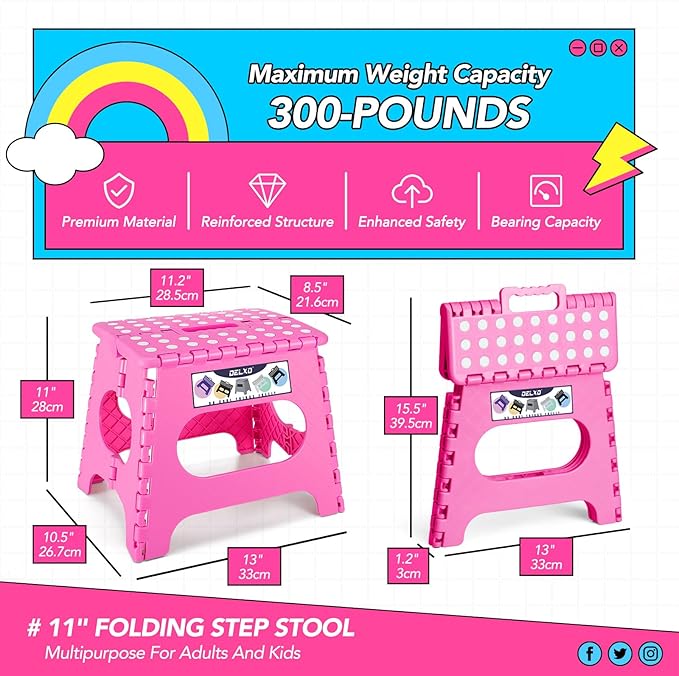 Delxo Folding Step Stool,11 Inch Non-Slip Foldable Step Stools for Kids and Adults,Portable Foldable Step Stool Lightweight Small Folding Stool with Handle for Kitchen Bathroom in Pink,1 Pack - LeafyLoom