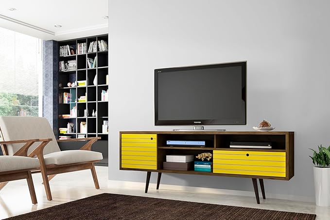 Manhattan Comfort Liberty Mid Century Modern TV Stand for Televisions up to 65 Inches, Bedroom and Living Room Entertainment Center with Storage, Shelves, and Cabinet, 71" Wide, Rustic Brown/Yellow - LeafyLoom