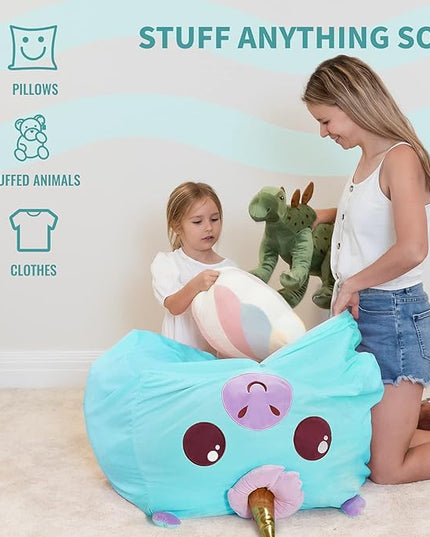 Aubliss Unicorn Stuffed Animal Storage Bean Bag Chair for Kids, Velvet Extra Soft Beanbag Chairs Cover, X-Large Stuffable Zipper Bean Bag for Organizing Plush Toys Girls Bedroom Decor, Cyan - LeafyLoom