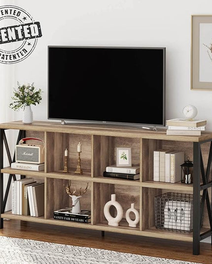 FATORRI 8 Cube Storage Organizer Bookshelf, Rustic Wood Cubby Bookcase, Industrial Horizontal Long Shelf for Living Room (Rustic Oak, 62 Inch) - LeafyLoom