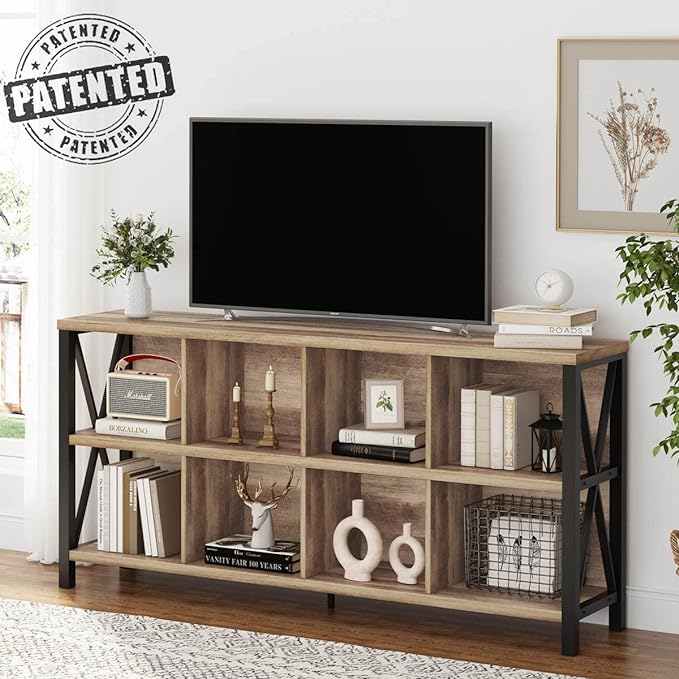 FATORRI 8 Cube Storage Organizer Bookshelf, Rustic Wood Cubby Bookcase, Industrial Horizontal Long Shelf for Living Room (Rustic Oak, 62 Inch) - LeafyLoom