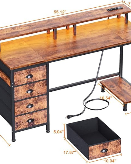 Furologee 55in Computer Desk with 4 Drawers, LED Gaming Desk with Power Outlets, Office Desk with Full Monitor Stand and Storage Shelf, Study Work Desk for Home Office Bedroom, Rustic Brown - LeafyLoom