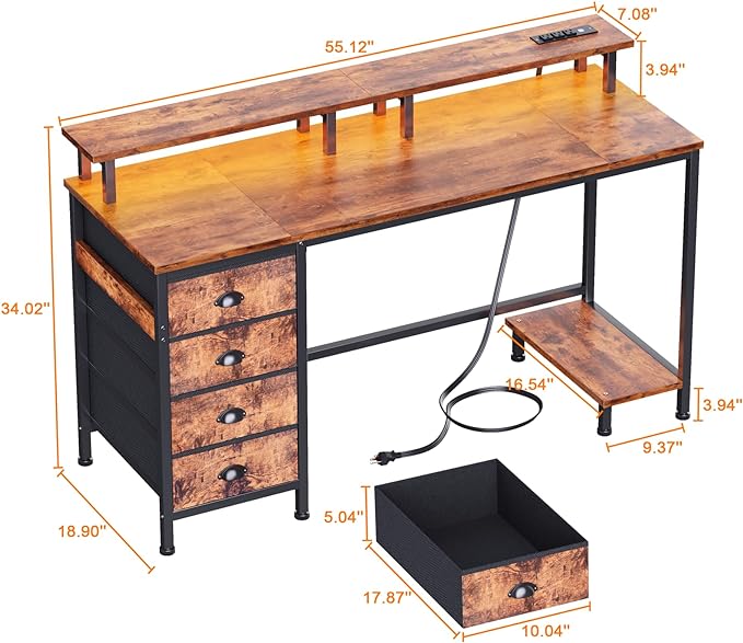 Furologee 55in Computer Desk with 4 Drawers, LED Gaming Desk with Power Outlets, Office Desk with Full Monitor Stand and Storage Shelf, Study Work Desk for Home Office Bedroom, Rustic Brown - LeafyLoom