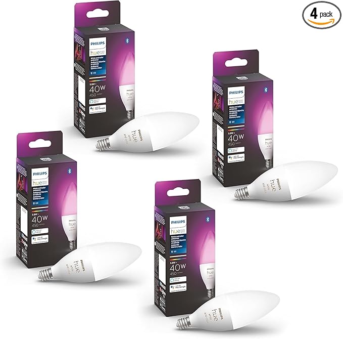 Philips Hue Smart 40W B39 Candle-Shaped LED Bulb - White and Color Ambiance Color-Changing Light - 4 Pack - 450LM - E12 - Control with Hue App - Works with Alexa, Google Assistant and Apple Homekit PhilipsHue