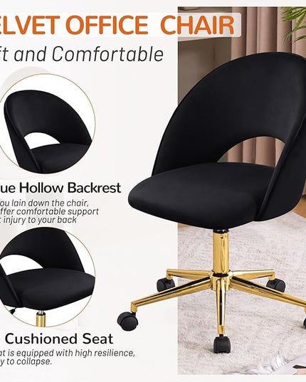 Furniliving Velvet Home Office Chair, Height Adjustable Swivel Vanity Chair with Wheels, Upholstered Desk Task Makeup Chair Computer Chair with Gold Metal Base Stool Chairs (Black) - LeafyLoom