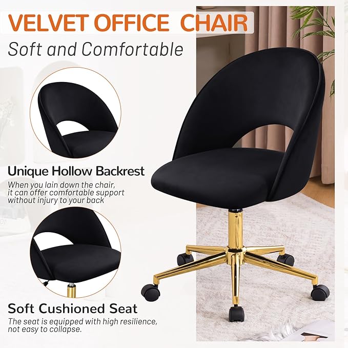 Furniliving Velvet Home Office Chair, Height Adjustable Swivel Vanity Chair with Wheels, Upholstered Desk Task Makeup Chair Computer Chair with Gold Metal Base Stool Chairs (Black) - LeafyLoom