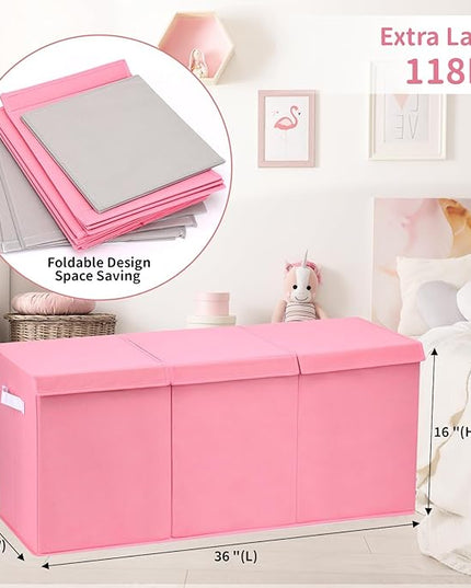 Fixwal Toy Storage Organizer for Girls - Extra Large Toddler Toy Box Kids Toy Chest, Collapsible Removable Divider for Nursery Playroom Bedroom Closet, 36"x12.6"x16" (Pink) - LeafyLoom