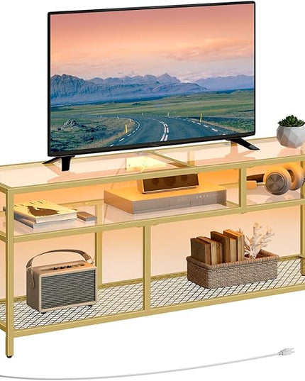 HOOBRO Gold TV Stand, Rectangular LED TV Stand with Power Outlets to 65'', Modern Glass Entertainment Center with Open Shelves, Media TV Console Table for Living Room, Bedroom, Gold GD49UDDS01 - LeafyLoom