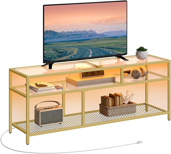 HOOBRO Gold TV Stand, Rectangular LED TV Stand with Power Outlets to 65'', Modern Glass Entertainment Center with Open Shelves, Media TV Console Table for Living Room, Bedroom, Gold GD49UDDS01 - LeafyLoom