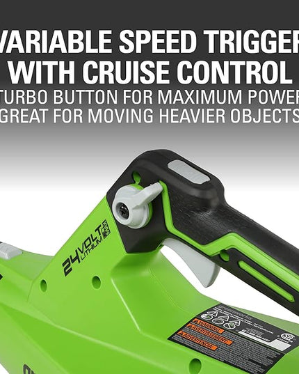 Greenworks 24V (110 MPH / 450 CFM / 125+ Compatible Tools) Cordless Brushless Axial Leaf Blower, 4.0Ah Battery and Charger Included - LeafyLoom