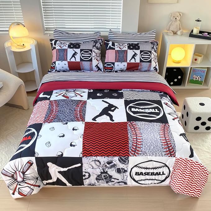 7 Piece Baseball Comforter Set Bed in A Bag Full Size 3D Softball Sports Bedding Set for Boys Kids Microfiber Comforter All Season (1 Comforter, 1 Flat Sheet, 1 Fitted Sheet, 4 Pillowcase) - LeafyLoom