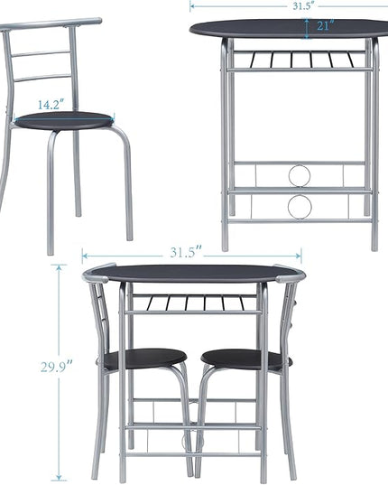 VECELO 3 Piece Small Round Dining Table Set for Kitchen Breakfast Nook, Wood Grain Tabletop with Wine Storage Rack, Save Space, 31.5 Inch, Black and Silver - LeafyLoom