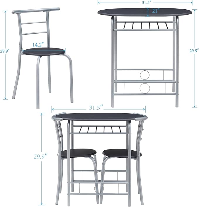 VECELO 3 Piece Small Round Dining Table Set for Kitchen Breakfast Nook, Wood Grain Tabletop with Wine Storage Rack, Save Space, 31.5 Inch, Black and Silver - LeafyLoom