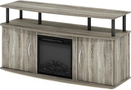 Furinno Jensen Living Room Fireplace TV Entertainment Center with Doors Storage Cabinet for TV up to 55 Inch, French Oak Grey/Black - LeafyLoom