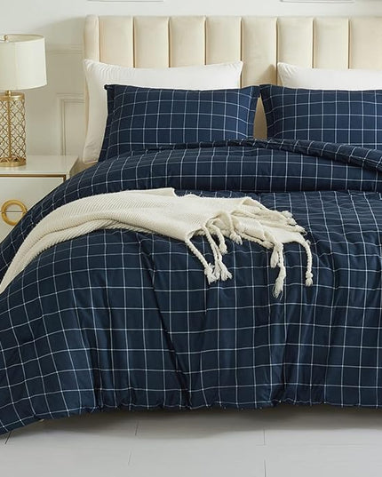 Andency Navy Grid Comforter Set Twin Size (66x90 Inch), 2 Pieces(1 Grid Comforter and 1 Pillowcase), Summer Lightweight Microfiber Down Alternative Navy Comforter with White Lines for Kids Girls - LeafyLoom