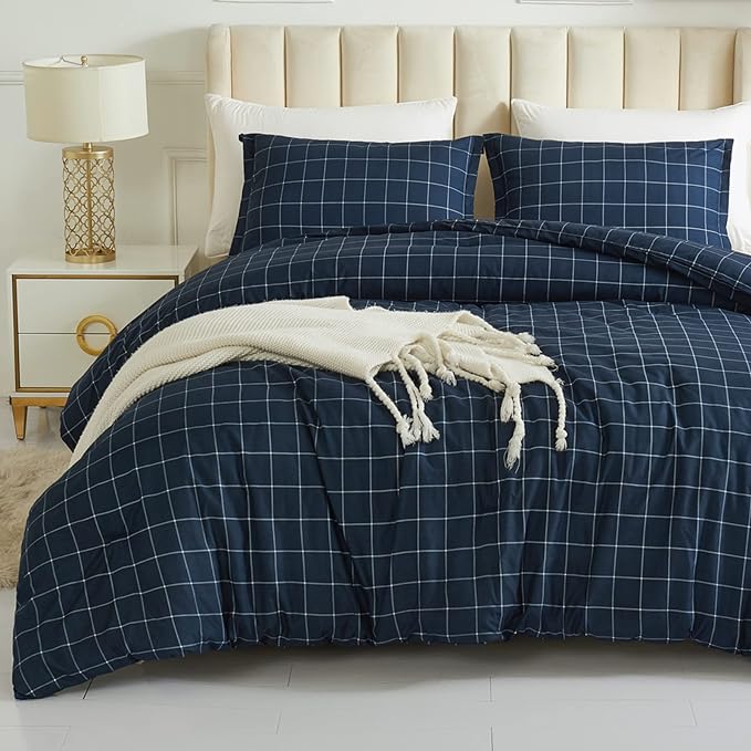 Andency Navy Grid Comforter Set King Size (104x90 Inch), 3 Pieces(1 Grid Comforter and 2 Pillowcases), Summer Lightweight Microfiber Down Alternative Navy Comforter with White Lines - LeafyLoom