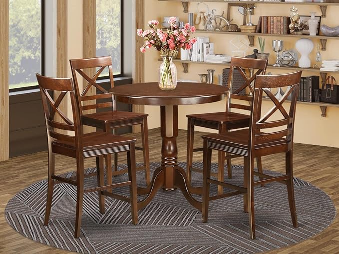 East West Furniture JAQU5-MAH-W 5 Piece Kitchen Counter Set Includes a Round Dining Room Table with Pedestal and 4 Dining Chairs, 36x36 Inch, Mahogany - LeafyLoom