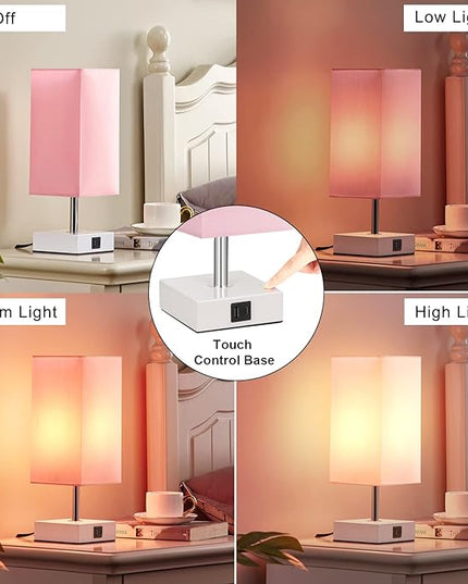 Ambimall Touch Control Table Lamp with 2 USB Charging Ports, 3 Way Touch Lamps Beside Desk, Nightstand Lamp for Bedrooms Living Room, Pink Shade with White Base, LED Bulb Included(Pink) - LeafyLoom