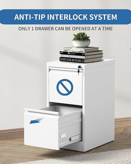 2 Drawer File Cabinet with Lock, Metal Vertical Filing Cabinets for Home Office, Steel Storage Cabinet for Hanging Legal/Letter Size Files, Assembly Required (White) - LeafyLoom