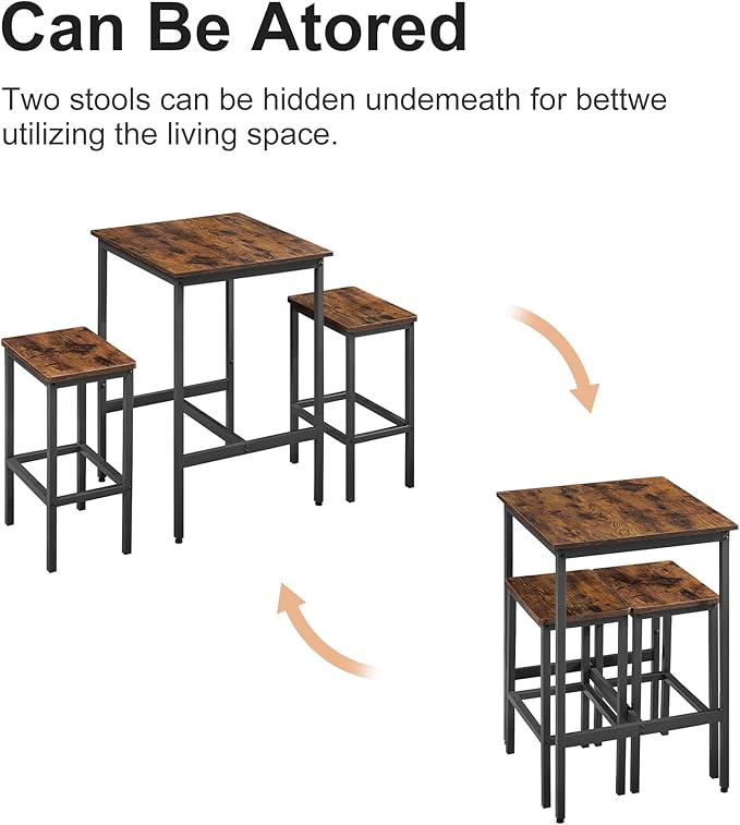 NicBex Small Dining Table for 2 Kitchen Tables and Chairs Bar Table Set, Square Bar Table with 2 Bar Chairs for Kitchen Breakfast Table, Bar, Banquet Hall, Space Saving, Rustic Brown - LeafyLoom