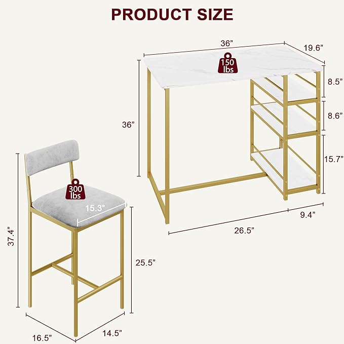 Dining Table Set for 2, Kitchen Table and Velvet Upholstered Chairs for 2, 3 Piece Counter Height Bar Table Set with 3 Large Storage Shelves for Small Space, Apartment, Gray and Gold White - LeafyLoom