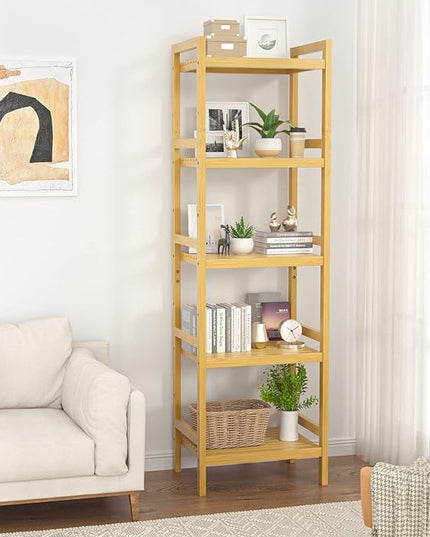 Homykic Bamboo Bookshelf, 5-Tier Narrow 55.9” Adjustable Book Shelf Bookcase Bathroom Shelves Freestanding Storage Stand for Living Room, Bedroom, Kitchen, Rust Resistance, Easy Assembly, Natural - LeafyLoom
