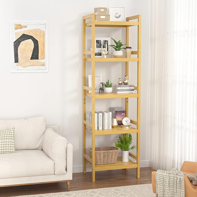 Homykic Bamboo Bookshelf, 5-Tier Narrow 55.9” Adjustable Book Shelf Bookcase Bathroom Shelves Freestanding Storage Stand for Living Room, Bedroom, Kitchen, Rust Resistance, Easy Assembly, Natural - LeafyLoom