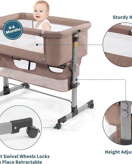 3in1 Bedside Crib for Girl or Boy, Bedside Sleeper for Baby Portable and Adjustable Crib with Mosquito net for Newborn Baby,Deep Khaki - LeafyLoom