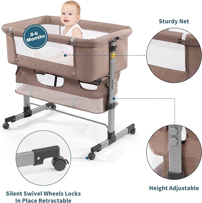 3in1 Bedside Crib for Girl or Boy, Bedside Sleeper for Baby Portable and Adjustable Crib with Mosquito net for Newborn Baby,Deep Khaki - LeafyLoom