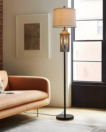 63" Floor Lamps for Living Room Bedside Nightstand Lamp Black Tall Standing Lamp for Home Decor Bedroom Reading Lamp Farmhouse Rustic Bed Lights with 2 Light Sources - LeafyLoom