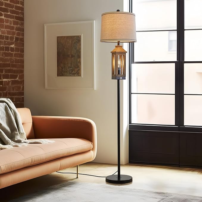 63" Floor Lamps for Living Room Bedside Nightstand Lamp Black Tall Standing Lamp for Home Decor Bedroom Reading Lamp Farmhouse Rustic Bed Lights with 2 Light Sources - LeafyLoom