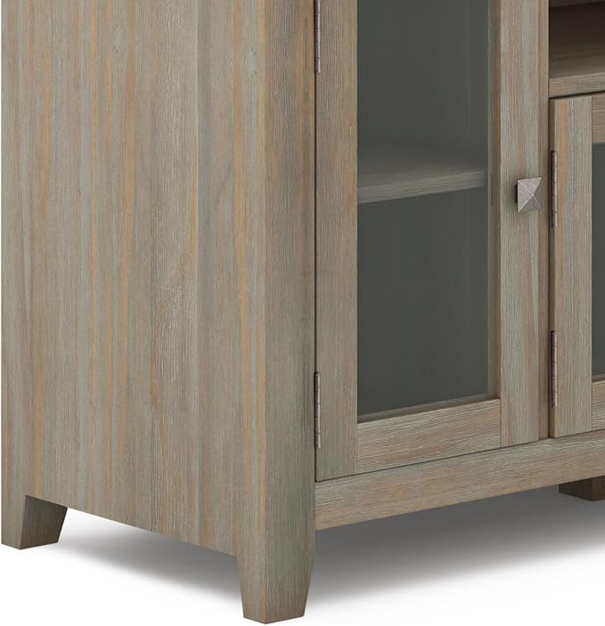 SIMPLIHOME Cosmopolitan SOLID WOOD Universal TV Media Stand, 72 inch Wide, Contemporary, Living Room Entertainment Center with Storage, for Flat Screen TVs up to 80 inches in Distressed Grey - LeafyLoom