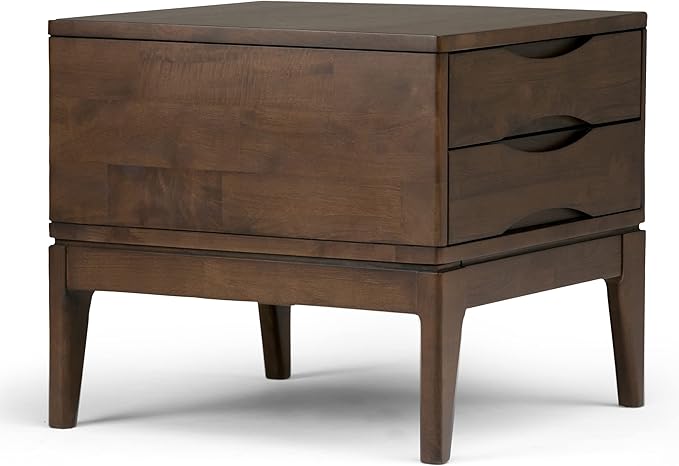 SIMPLIHOME Harper Solid Hardwood 22 inch wide Square Mid Century Modern End Side Table in Walnut Brown with Storage, 2 Drawers, for the Living Room and Bedroom - LeafyLoom