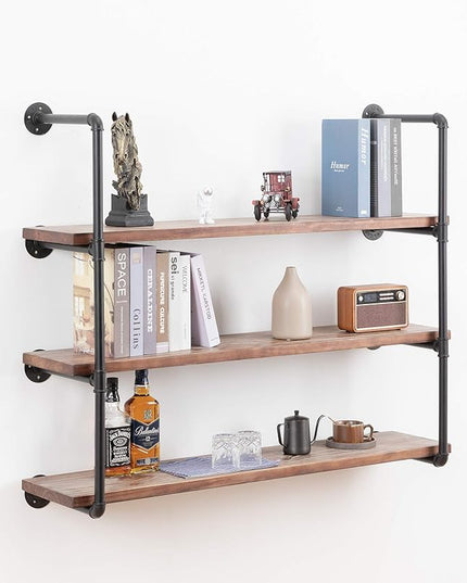Industrial Wall Mounted Pipe Shelving,Rustic Metal Floating Shelves,Steampunk Real Wood Bookcases,DIY Bookshelf Hanging Shelves,Farmhouse Kitchen Bar Office Home Storage (4-Tier with 3 Boards,48in) - LeafyLoom
