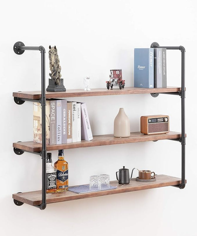 Industrial Wall Mounted Pipe Shelving,Rustic Metal Floating Shelves,Steampunk Real Wood Bookcases,DIY Bookshelf Hanging Shelves,Farmhouse Kitchen Bar Office Home Storage (4-Tier with 3 Boards,48in) - LeafyLoom