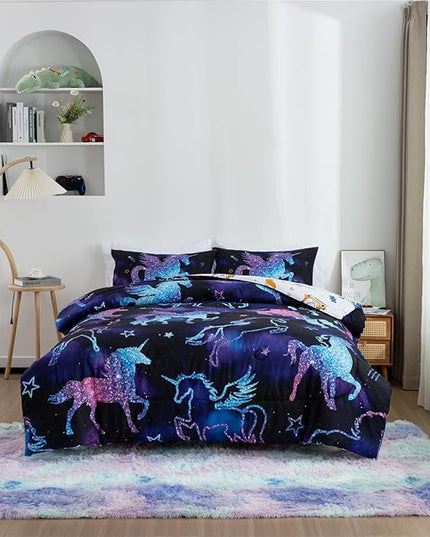 Meeting Story Dinosaur Comforter Set, Fluorescence Gradation Unicorn Twin Comforter Set, 3 PCS 1 Comforter and 2 Pillowcases in One Bag, All Season Bedspread for Kids Teens Adults（Full） - LeafyLoom