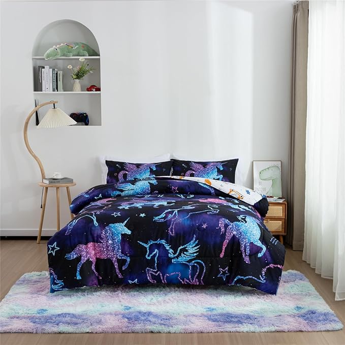 Meeting Story Dinosaur Comforter Set, Fluorescence Gradation Unicorn Twin Comforter Set, 3 PCS 1 Comforter and 2 Pillowcases in One Bag, All Season Bedspread for Kids Teens Adults（Full） - LeafyLoom