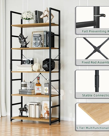 OTK 5 Tier Bookshelf, Tall Bookcase, Office Shelf Storage Organizer, Modern Book Shelf for Living Room, Bedroom, and Home Office, Natural - LeafyLoom