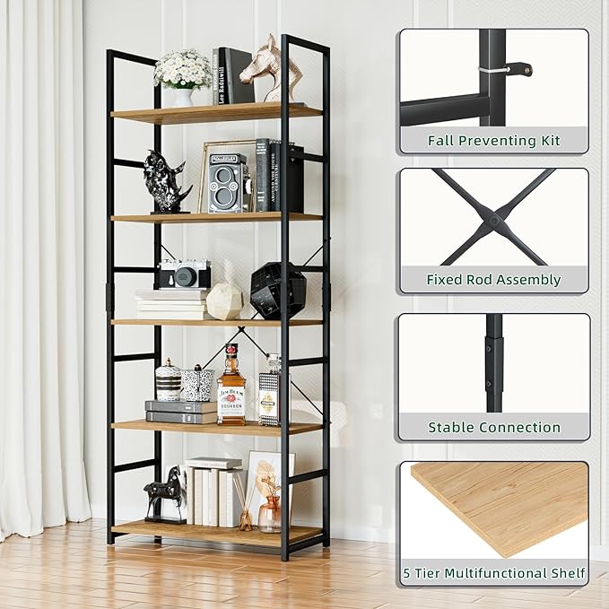 OTK 5 Tier Bookshelf, Tall Bookcase, Office Shelf Storage Organizer, Modern Book Shelf for Living Room, Bedroom, and Home Office, Natural - LeafyLoom