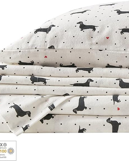 Comfort Spaces Cotton Flannel Breathable Warm, Deep Pocket Sheets with Pillow Case Bedding, Queen, Black Dog 4 Piece - LeafyLoom