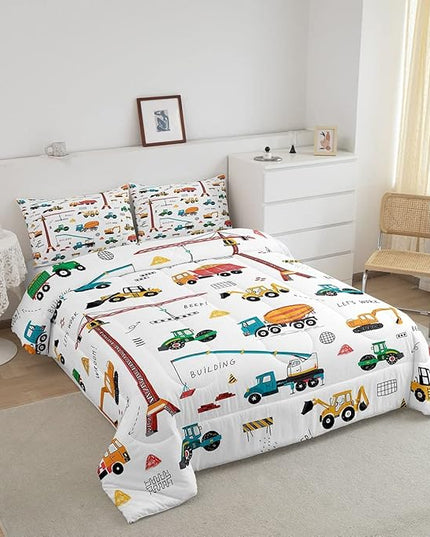 Feelyou Heavy Machinery Truck Bedding Set Tractor Crane Comforter Set for Kids Boys Girls Youth Construction Site Comforter Nursery Decor Quilt Set Room 2Pcs Twin Size - LeafyLoom