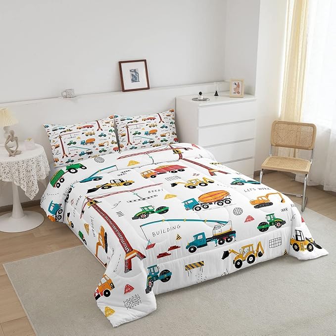 Heavy Machinery Truck Bedding Set Tractor Crane Comforter Set for Kids Boys Girls Youth Construction Site Comforter Nursery Decor Quilt Set Room 3Pcs Full Size - LeafyLoom