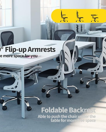 Ergonomic Office Chair with Foldable Backrest, Computer Desk Chair with Flip-up Armrests, Mesh Lumbar Support and Tilt Function Big and Tall Office Chair, White - LeafyLoom