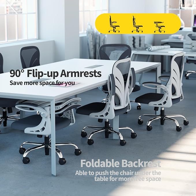Ergonomic Office Chair with Foldable Backrest, Computer Desk Chair with Flip-up Armrests, Mesh Lumbar Support and Tilt Function Big and Tall Office Chair, White - LeafyLoom