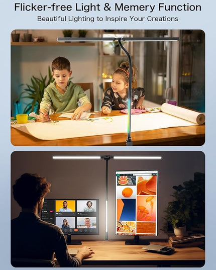 LED Desk Lamp with Clamp,Architect Desk Lamp for Home Office,24W Ultra Bright with RGB Atmosphere Lighting,Remote Control,5 Color Modes & 5 Dimmable Eye Protection for Monitor Studio Reading - LeafyLoom