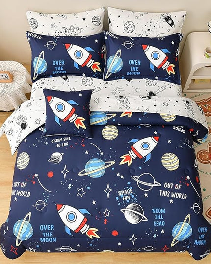 8 Piece Kid Comforter Set Twin Size Bed in a Bag, Space Rocket Bedding Set for Teen Boys Girls - LeafyLoom